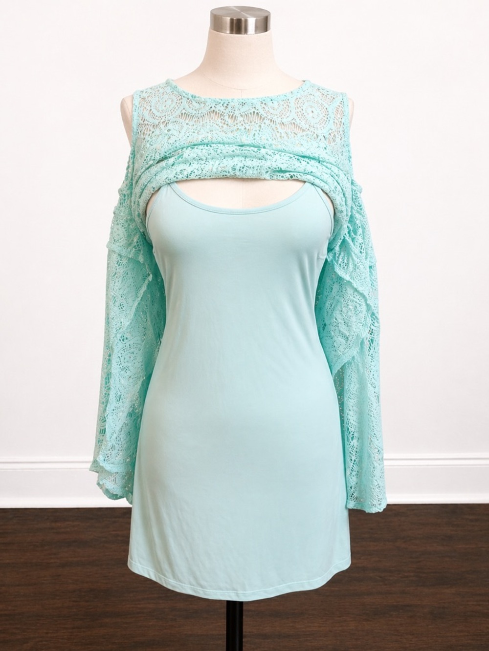 BeBop Mint Lace Fit Flare Dress NWT Size M Pool Blue Sleeveless - Picture 6 of 9